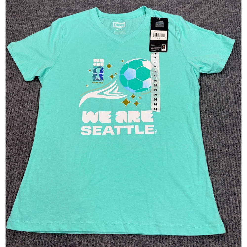 FIFA World Cup 2026 Seattle Host City T-Shirt Teal V-Neck Womens Medium NWT